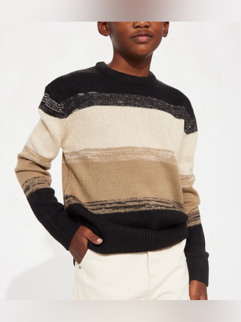 Fashion Nova Kid’s Striped Crewneck Sweater in Black, Cream & Tan